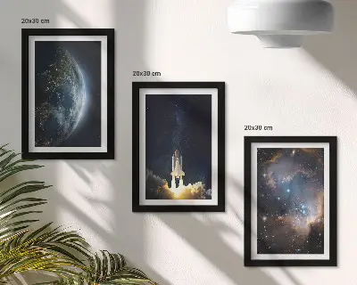 Triptyk med ram motiv av rymden med jordklotet, raket, galax och stjärnhimmel