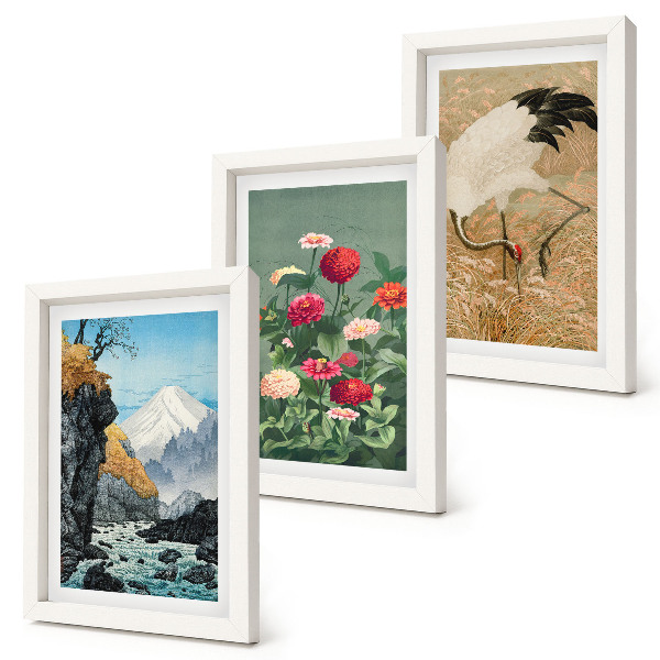 Tavelvägg med 3 tavlor Berg i landskapet, flod, blommor och tranor i gräset