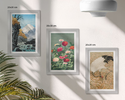 Tavelvägg med 3 tavlor Berg i landskapet, flod, blommor och tranor i gräset