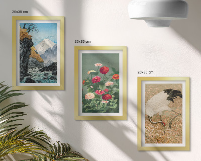Tavelvägg med 3 tavlor Berg i landskapet, flod, blommor och tranor i gräset
