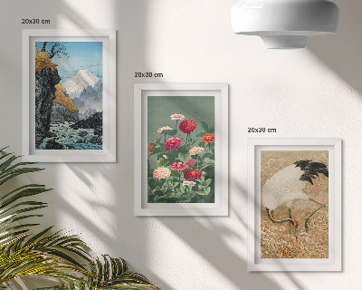 Tavelvägg med 3 tavlor Berg i landskapet, flod, blommor och tranor i gräset