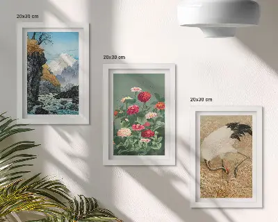 Tavelvägg med 3 tavlor berg i landskapet med flod, blommor och tranor i gräset