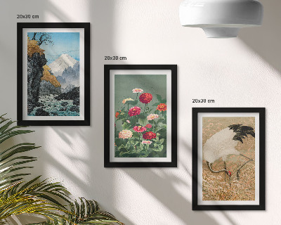 Tavelvägg med 3 tavlor Berg i landskapet, flod, blommor och tranor i gräset