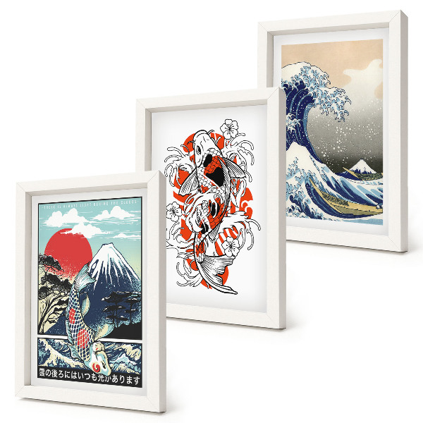 Triptyk tavla med ram Illustrationer av fiskberg och den stora vågen utanför Kanagawa, japansk stil