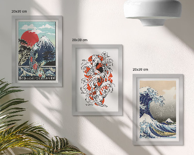 Triptyk tavla med ram Illustrationer av fiskberg och den stora vågen utanför Kanagawa, japansk stil
