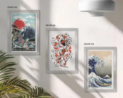 Triptyk med ram tavlor med motiv av fiskberg och den stora vågen utanför Kanagawa i japansk stil