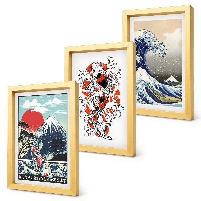 Triptyk tavla med ram Illustrationer av fiskberg och den stora vågen utanför Kanagawa, japansk stil