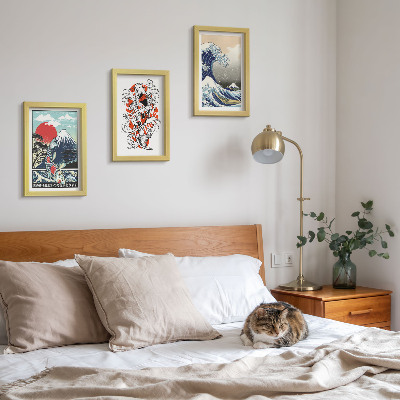Triptyk tavla med ram Illustrationer av fiskberg och den stora vågen utanför Kanagawa, japansk stil