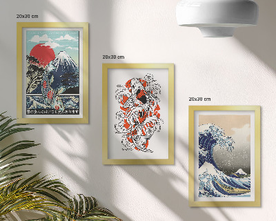 Triptyk tavla med ram Illustrationer av fiskberg och den stora vågen utanför Kanagawa, japansk stil