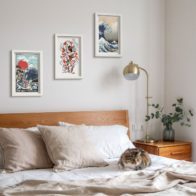 Triptyk tavla med ram Illustrationer av fiskberg och den stora vågen utanför Kanagawa, japansk stil