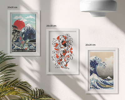 Triptyk tavla med ram Illustrationer av fiskberg och den stora vågen utanför Kanagawa, japansk stil