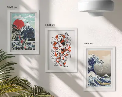 Triptyk med ram tavlor med motiv av fiskberg och den stora vågen utanför Kanagawa i japansk stil