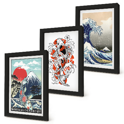 Triptyk tavla med ram Illustrationer av fiskberg och den stora vågen utanför Kanagawa, japansk stil