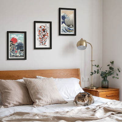 Triptyk tavla med ram Illustrationer av fiskberg och den stora vågen utanför Kanagawa, japansk stil