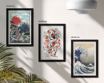 Triptyk tavla med ram Illustrationer av fiskberg och den stora vågen utanför Kanagawa, japansk stil