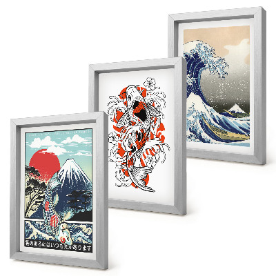 Triptyk tavla med ram Illustrationer av fiskberg och den stora vågen utanför Kanagawa, japansk stil