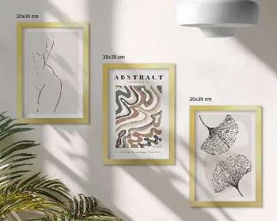 Tavelvägg med 3 tavlor abstrakt poster med feminina former och lövmotiv i boho-stil