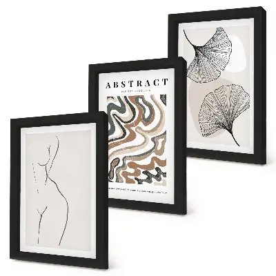 Tavelvägg med 3 tavlor abstrakt poster med feminina former och lövmotiv i boho-stil