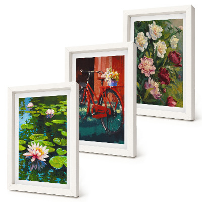 Triptyk tavla med ram Liljor på vattnet, cykel i trädgården, färgglada blommor