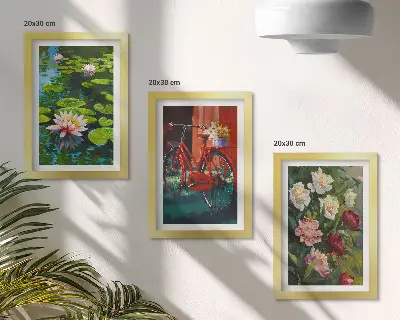 Triptyk med ram liljor på vattnet, cykel i trädgården och färgglada blommor