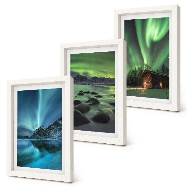 Triptyk tavla med ram Vinterlandskap med norrsken över bergen
