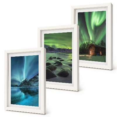 Triptyk tavla med ram Vinterlandskap med norrsken över bergen