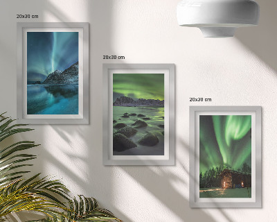 Triptyk tavla med ram Vinterlandskap med norrsken över bergen