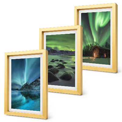 Triptyk tavla med ram Vinterlandskap med norrsken över bergen