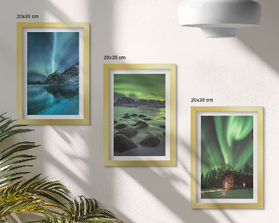 Triptyk tavla med ram Vinterlandskap med norrsken över bergen