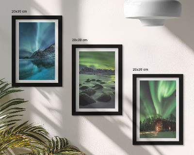 Triptyk tavla med ram Vinterlandskap med norrsken över bergen