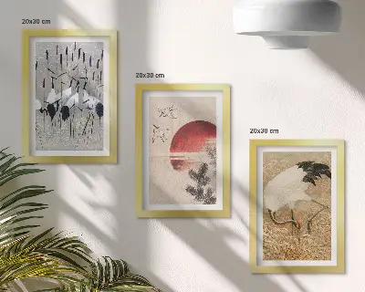 Tavelvägg med tre tavlor japanska tranor i japandi-stil