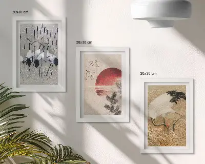 Tavelvägg med tre tavlor japanska tranor i japandi-stil
