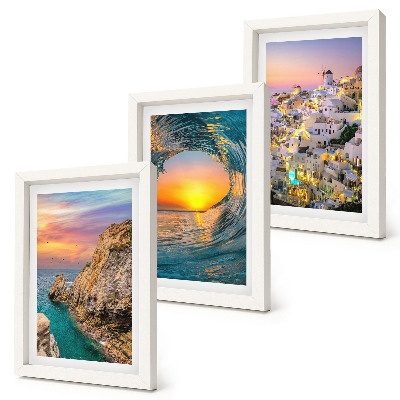 Triptyk tavla med ram Utsikt över havet, vågorna och vita husen på Santorini, Grekland