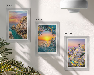 Triptyk tavla med ram Utsikt över havet, vågorna och vita husen på Santorini, Grekland