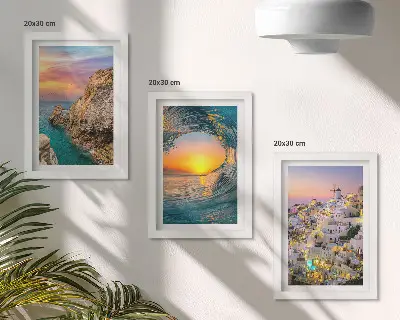 Triptyk med ram utsikt över hav, vågor och vita hus på Santorini i Grekland