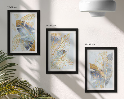 Tavelvägg med 3 tavlor Blad i nyanser av blått och beige mot en ljus bakgrund