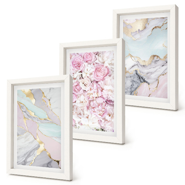 Triptyk tavla med ram Rosa blommor med marmor- och pastellmönster