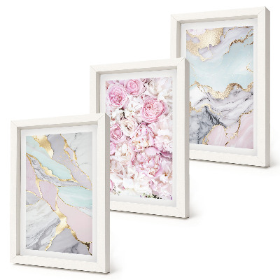 Triptyk tavla med ram Rosa blommor med marmor- och pastellmönster