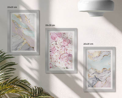 Triptyk tavla med ram Rosa blommor med marmor- och pastellmönster