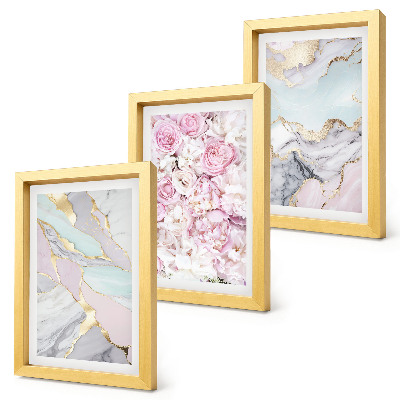 Triptyk tavla med ram Rosa blommor med marmor- och pastellmönster