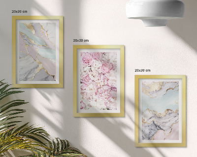 Triptyk tavla med ram Rosa blommor med marmor- och pastellmönster