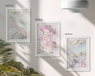 Triptyk tavla med ram Rosa blommor med marmor- och pastellmönster