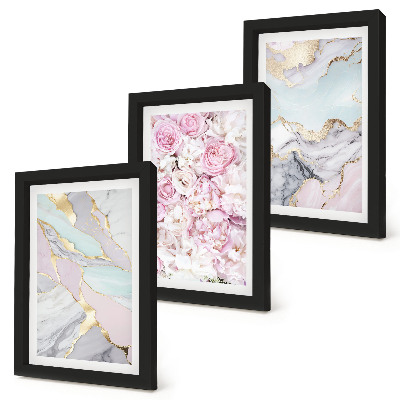 Triptyk tavla med ram Rosa blommor med marmor- och pastellmönster