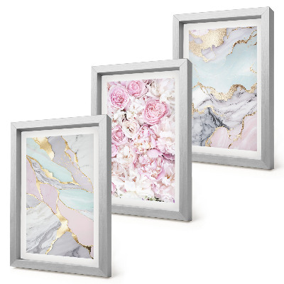 Triptyk tavla med ram Rosa blommor med marmor- och pastellmönster