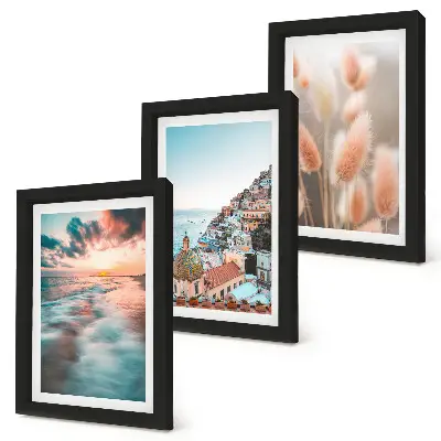 Posterpaket havsutsikt med solnedgång, färgglada hus och blommor