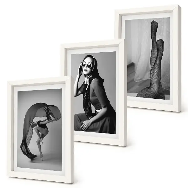 Triptyk med ram svartvita porträtt av kvinnor i eleganta poser