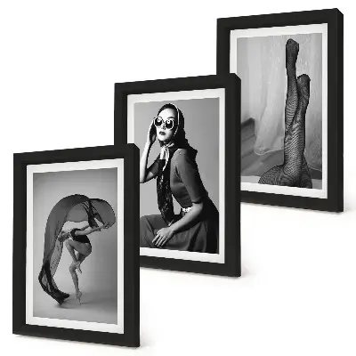 Triptyk med ram svartvita porträtt av kvinnor i eleganta poser