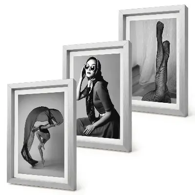 Triptyk med ram svartvita porträtt av kvinnor i eleganta poser