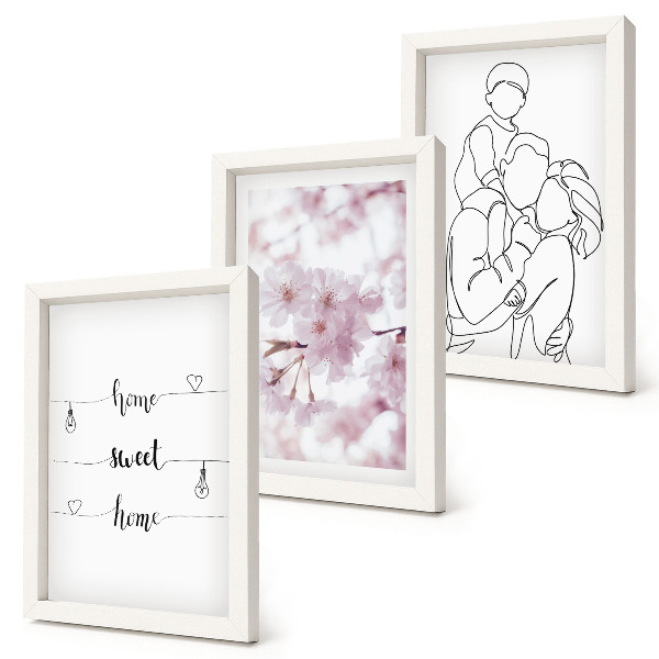 Tavelvägg med 3 tavlor Blommor och familj i minimalistisk design