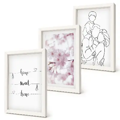 Tavelvägg med 3 tavlor med blommor och familjemotiv i minimalistisk design